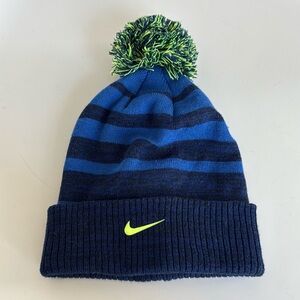 Nike blue stripe winter hat neon pompom swoosh